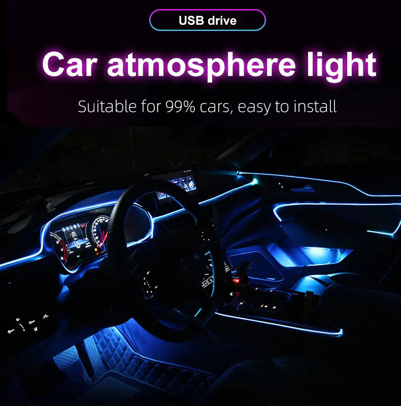 3 Meters 7 Colors in 1 Car Interior Accessories Atmosphere Lamp Cold Light Line With USB Decorative Dashboard Console LED Lights